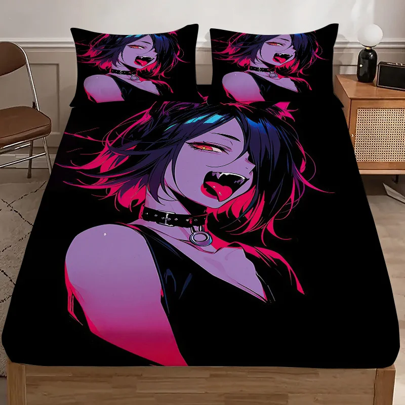 2D digital print three-piece bedding set (includes 1 fitted sheet + 2 pillowcases) mattress protector, fitted sheet style with elastic edges, protective cover, mattress protector, fitted sheet bedding, cool dark style cat-ear girl anime fitted sheet
