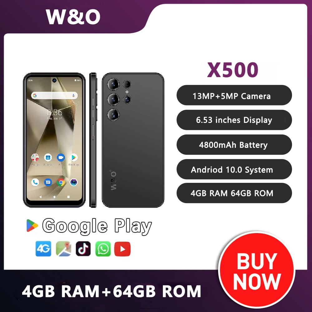 W&O X500 스마트폰 4G 6.53인치 안드로이드 4GB RAM+64GB ROM 휴대폰 듀얼 SIM 4800mAh 배터리 5+13MP 카메라 휴대폰