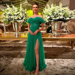 Customized A Line Green Tulle Formal Prom Dresses Bones Ruffles Off The Shoulder Side Slit Women Party Dress Long Evening Gowns