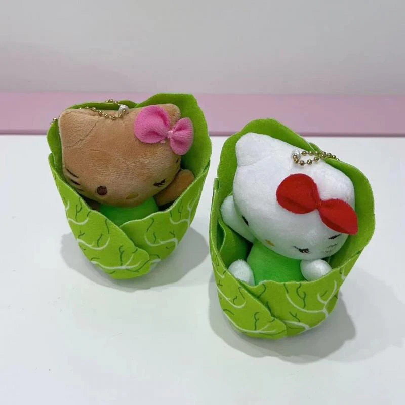 Kawaii Hawaii Hello Kitty Plush Pendant Sanrio Cartoon Romaine Lettuce Kt Plush Keychain Stuffed Toys Bag Decoration Girl Gifts