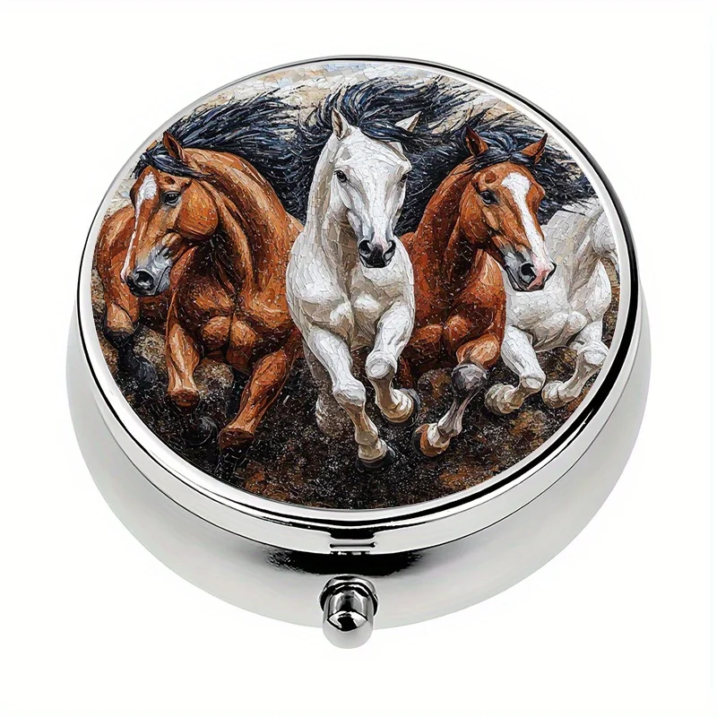 1-piece pill box, 3 compartments with a marathon horse mosaic theme, mini pill box, medication storage box, unique gift for travel