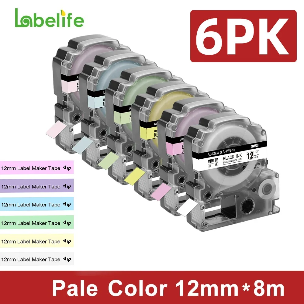 Cinta de etiquetas Compatible con Epson LabelWorks LW300 LW400, 6 colores mezclados, 12mm, 1/2 