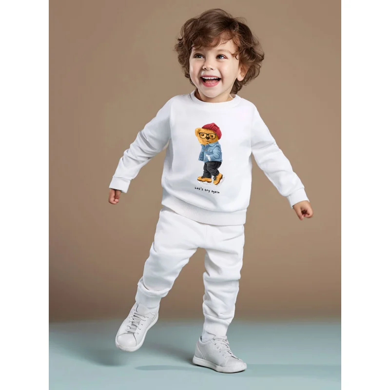 Boys round neck long sleeved hoodie set cartoon hat cute little bear English letter printed versatile pants two-piece set  2368A