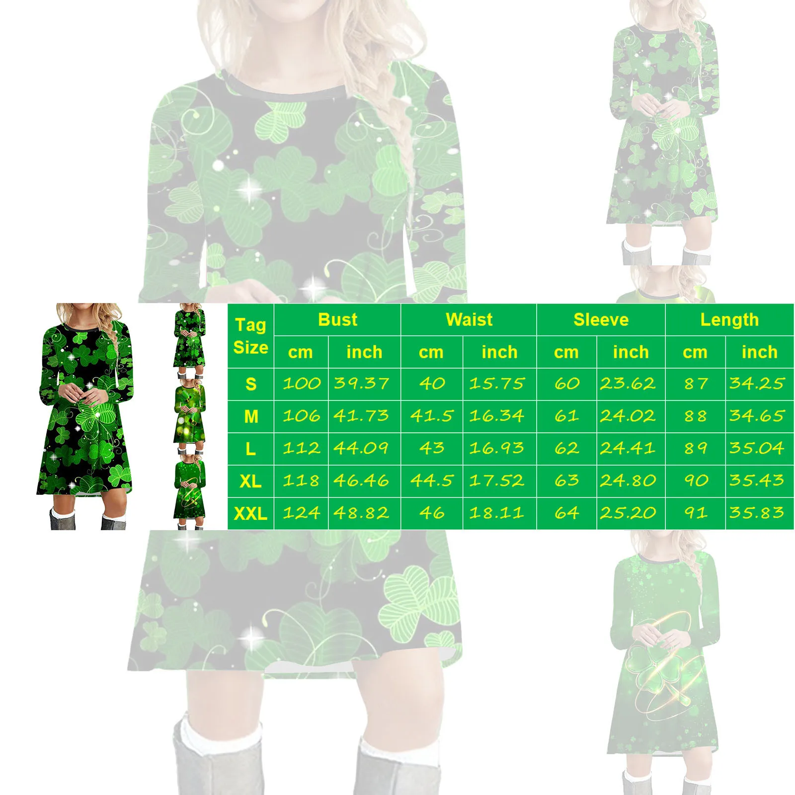 St. Patrick's Day ผู้หญิงชุดลําลองแฟชั่นแขนยาวรอบคอเสื้อยืดชุด Elegant Green Clovers Mini Vestidos