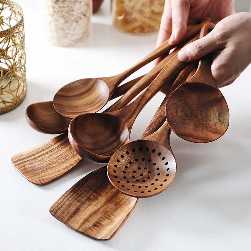 

8PCS Kitchen Utensils Set Thailand Teak Wood Tableware Set Spoon Ladle Rice Colander Soup Skimmer Kitchenware Cooking Tools