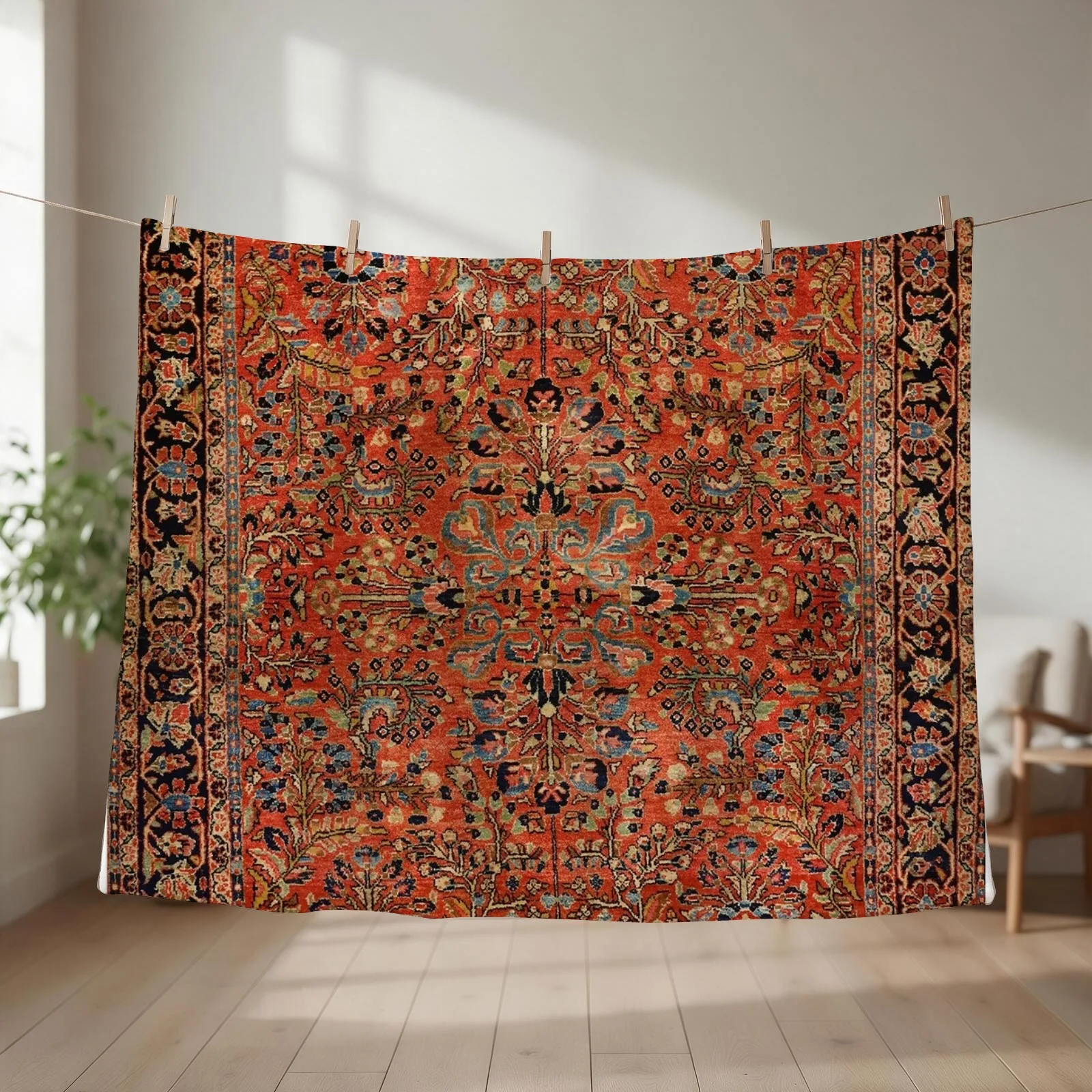 Persia Sarouk 19th Century Authentic Colorful Picture of a Red and Yellow Leaf Rug Throw Blanket