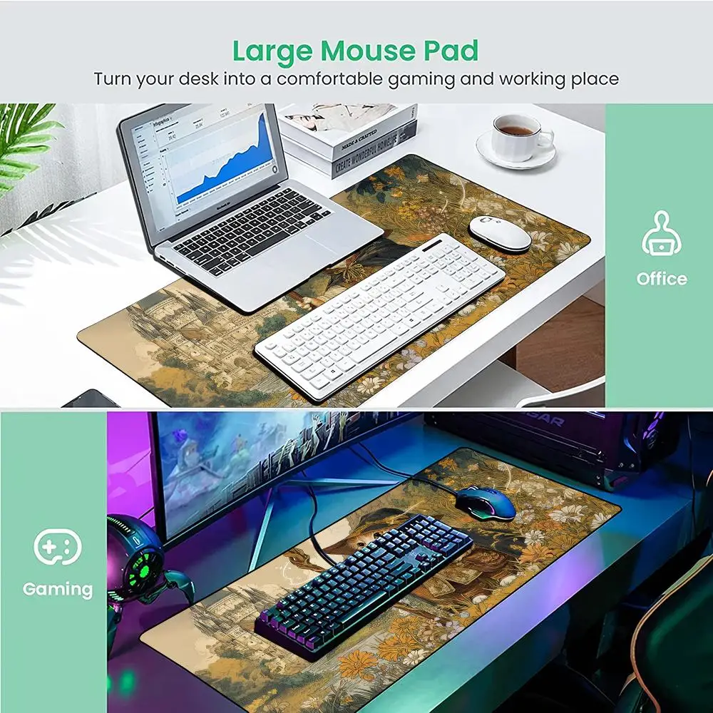 Assistente gato e castelo padrão design grande mouse pad tapete de mesa costurado borda antiderrapante durável gaming pad tapete de escritório mtg playmat