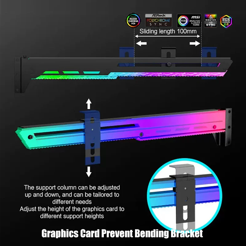 Graphics Card Holder Prevent Bending Bracket ARGB 5V AURA, Diamond Patterned Luminescence Design Horizontal Holder, Black/White - view 5