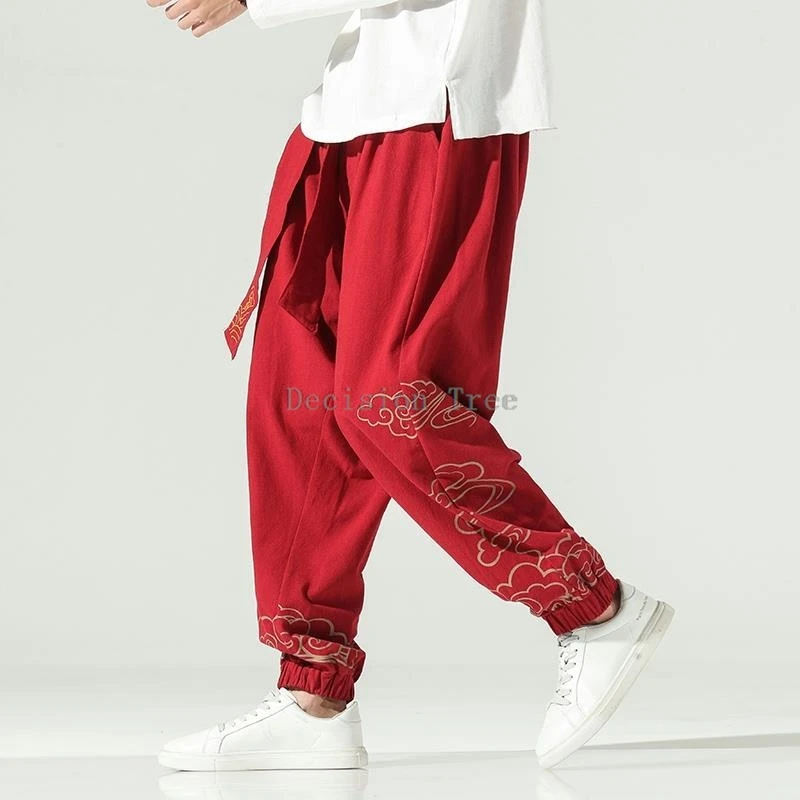 2025 chinese style auspicious clouds embroideried linen wushu pants ancient style men's hanfu pants loose lantern britches