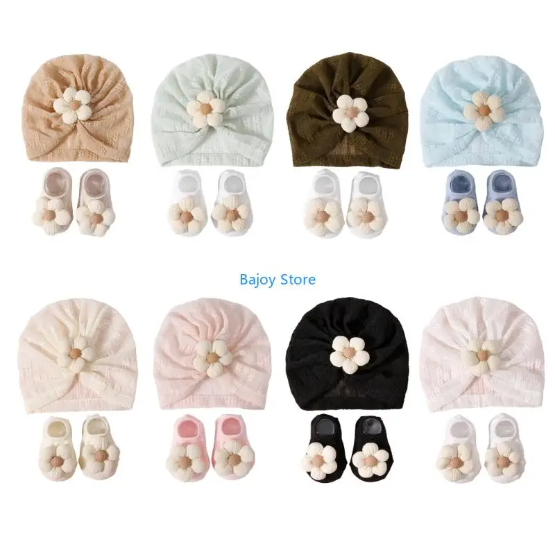 

63HE Soft Stretchy Infant Turban Hat with Anti Slip Socks for 0 to 12 Months Girls