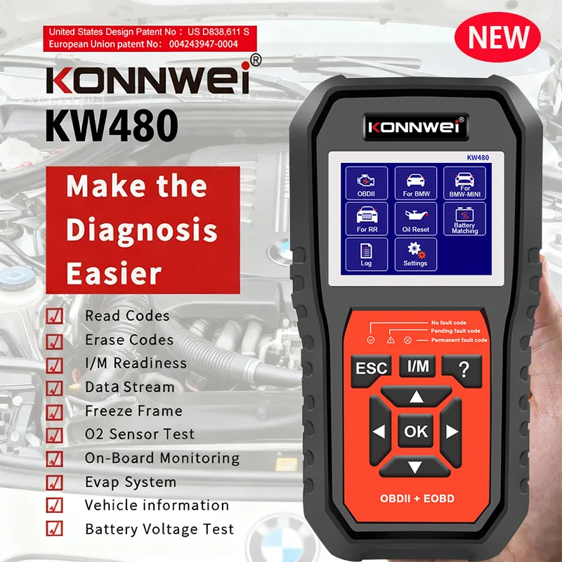 2026 KONNWEI KW480 Obd2 الماسح الضوئي قارئ رمز السيارات النفط TPMS إعادة تعيين محول أنظمة كاملة الماسح الضوئي أدوات تشخيص السيارات لسيارات BMW