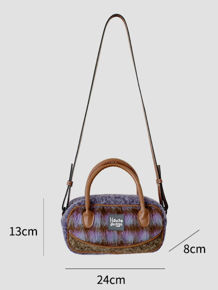 الخريف والشتاء الرجعية الأرجواني الصوفية حقيبة كروسبودي حقيبة البولينج للنساء رائعة أفخم حقيبة كتف محمولة باليد لفتاة