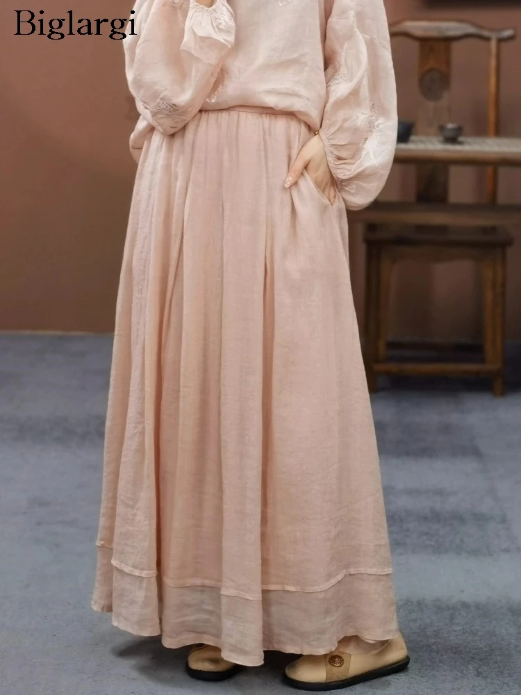 

Oversized Pink Autumn Elastic High Waist Skirt Women Ruffle Pleated Fashion Ladies Skirts Casual Loose Woman Long Skirt