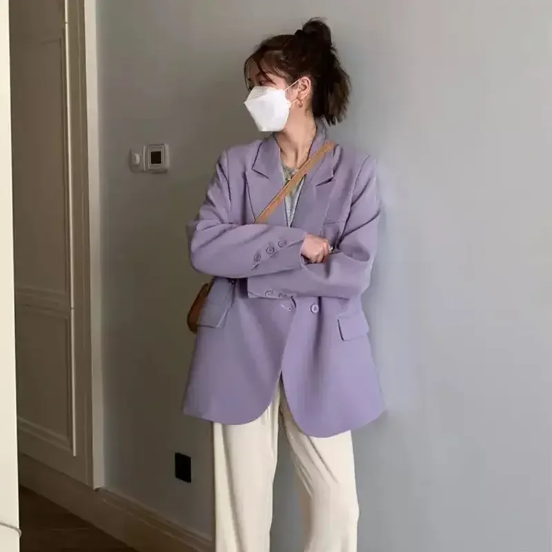 Purple Blazers Women Double Breasted Casual Solid All-match Preppy Style Loose Korean Fashion Chic Temperament Office Ladies Ins