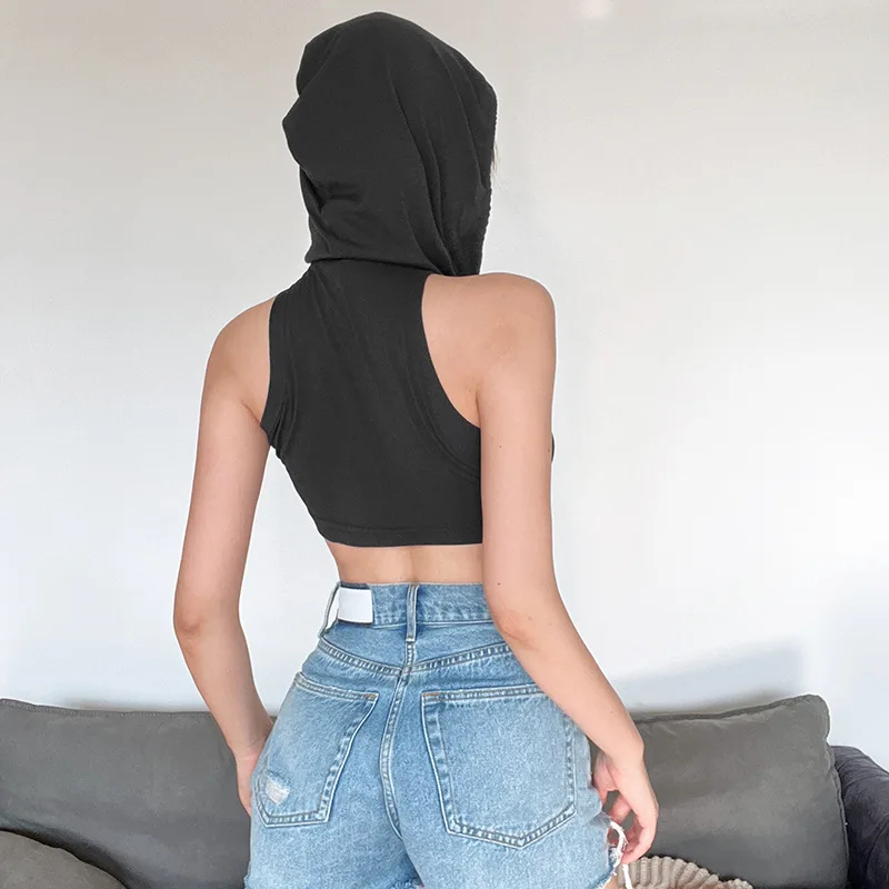 Y2K Grunge Gothic Hooded Crop Top with Face Mask Women's Cross Wrap Halter Neck Sleeveless Vest Dark Techwear Streetwear