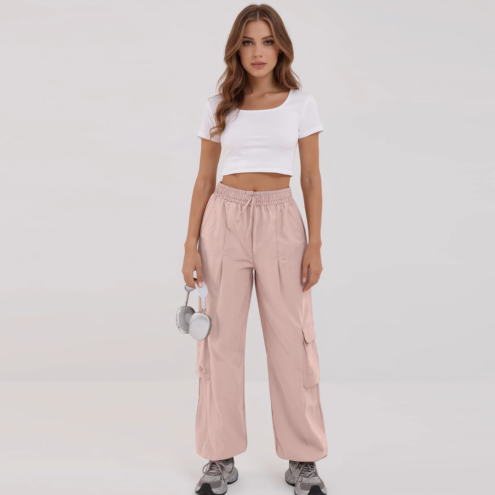 Lässige Damenhose im Cargo-Stil, elastische Taille, bequeme Outdoor-Sport-Wanderhose mit Taschen, leichte, gut sitzende Hose