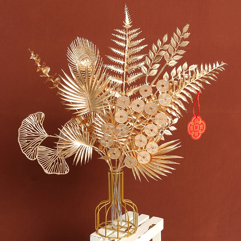 Golden Artificial Plants New Year 2024 Ornaments for Home Room Decor Navidad Christmas Decoration Fake Flowers Vase Accessories