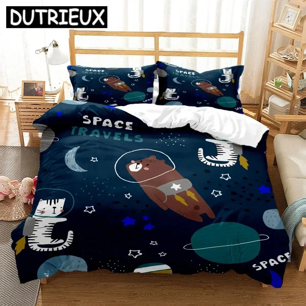 

Комплект постельного белья с HD принтом Space Animals, детская кровать, двуспальная кровать, пододеяльники, наволочка, одеяло, комплект постельного белья King Size