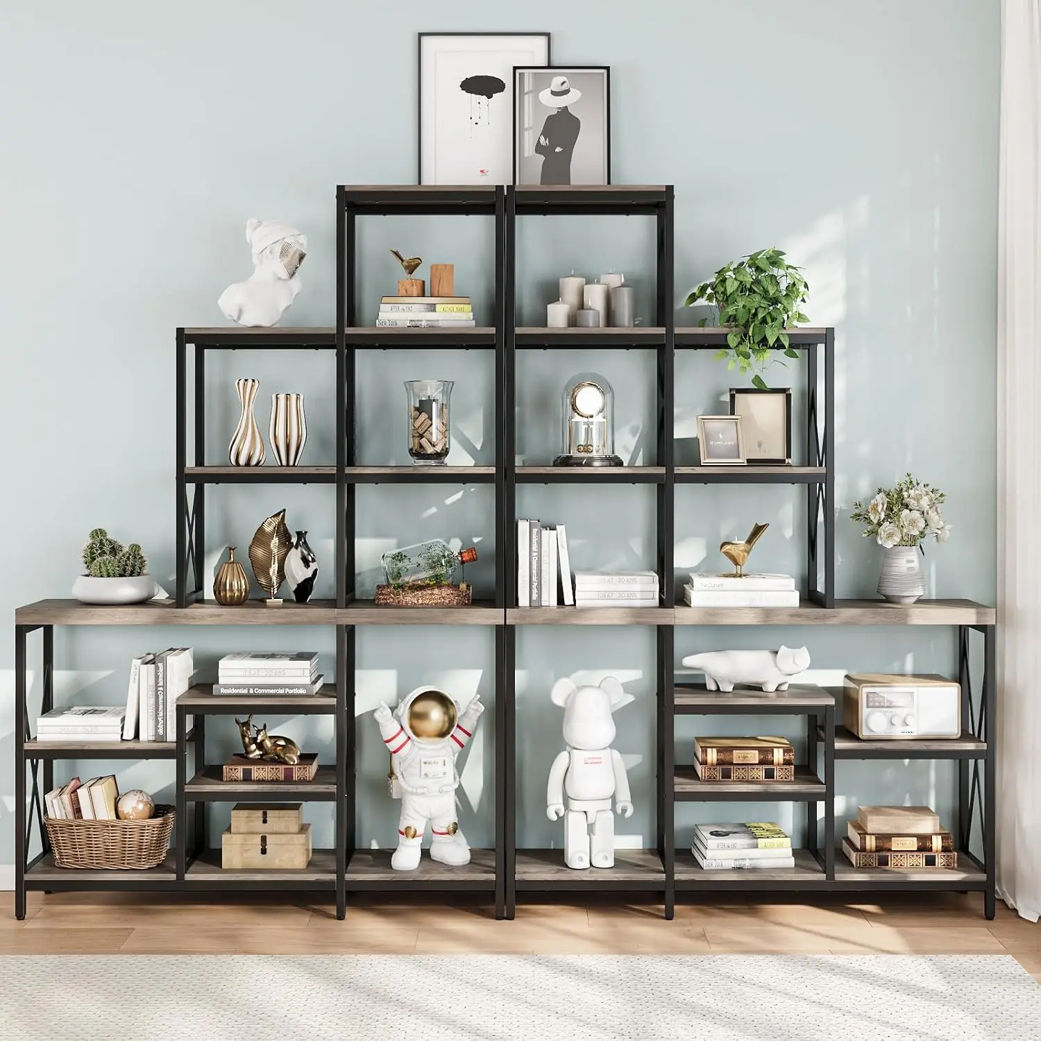 70-Inch Bookshelf with 28 Storage Shelves Set of 2 Book Shelves with Metal Frame 110 Inch Wide Industrial Bookshelves