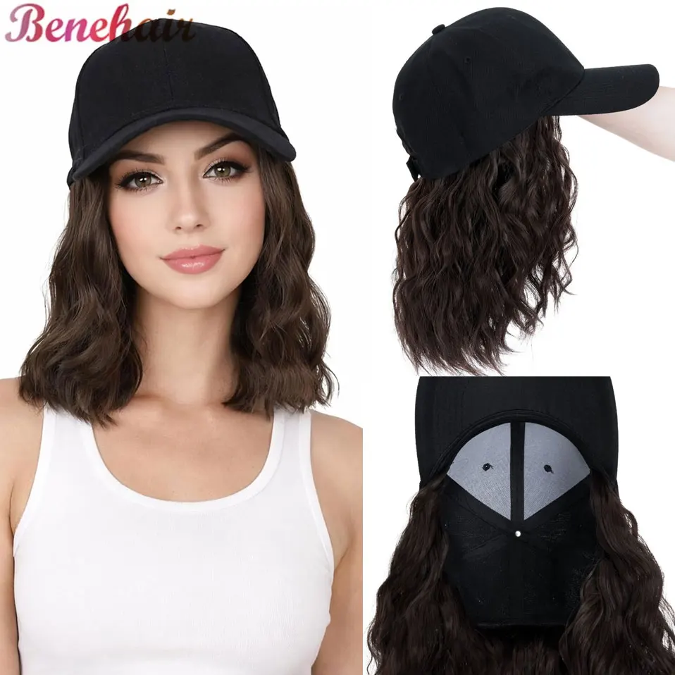 Benehair Hat Wig for Women 8 Inches Wave Baseball Cap Wig with Curly Hair Extensions Synthetic Wig Hat Adjustable Daily Use