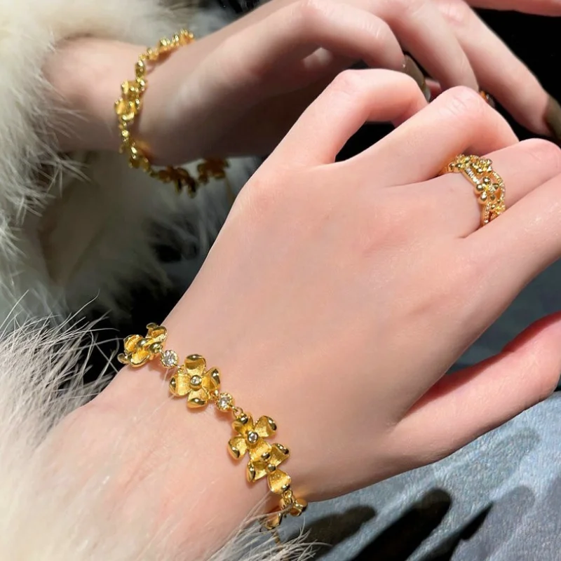 JitDoo Italian Retro Jewelry Flower Zircon Design Gold Color Ring Bracelet Necklace Earrings Banquet Party Accessories For Women