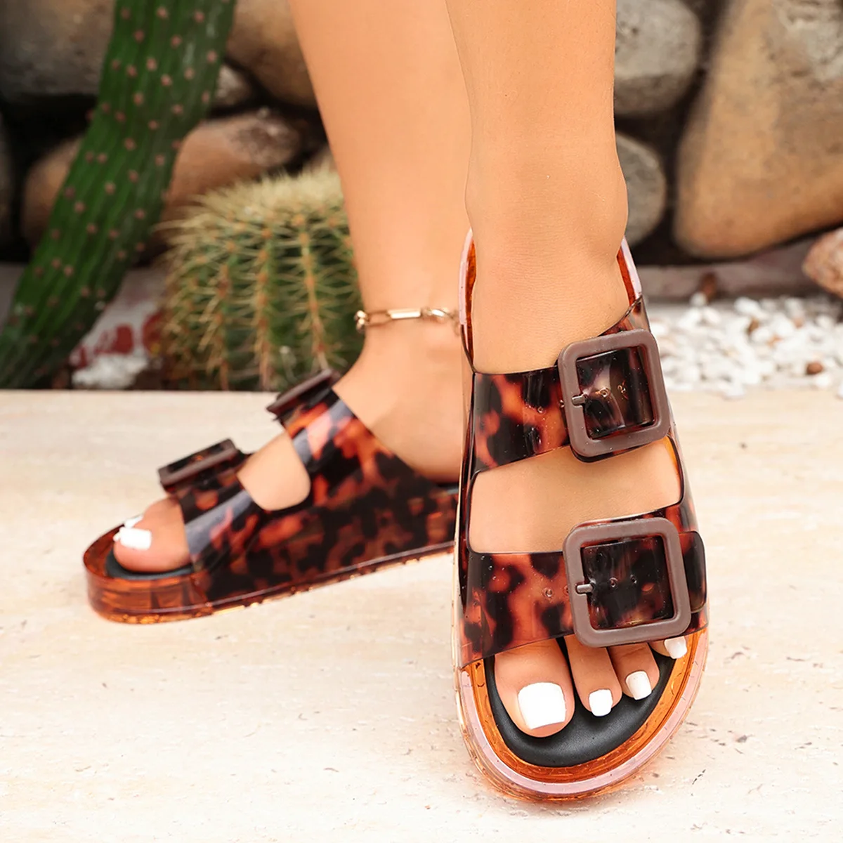 2026 Neue Damen-Leoparden-Jelly-Sandalen mit Doppelschnalle, Dicker Sohle, Rutschfest, Atmungsaktiv, für Outdoor und Strand, Modische Slides – Detail 9