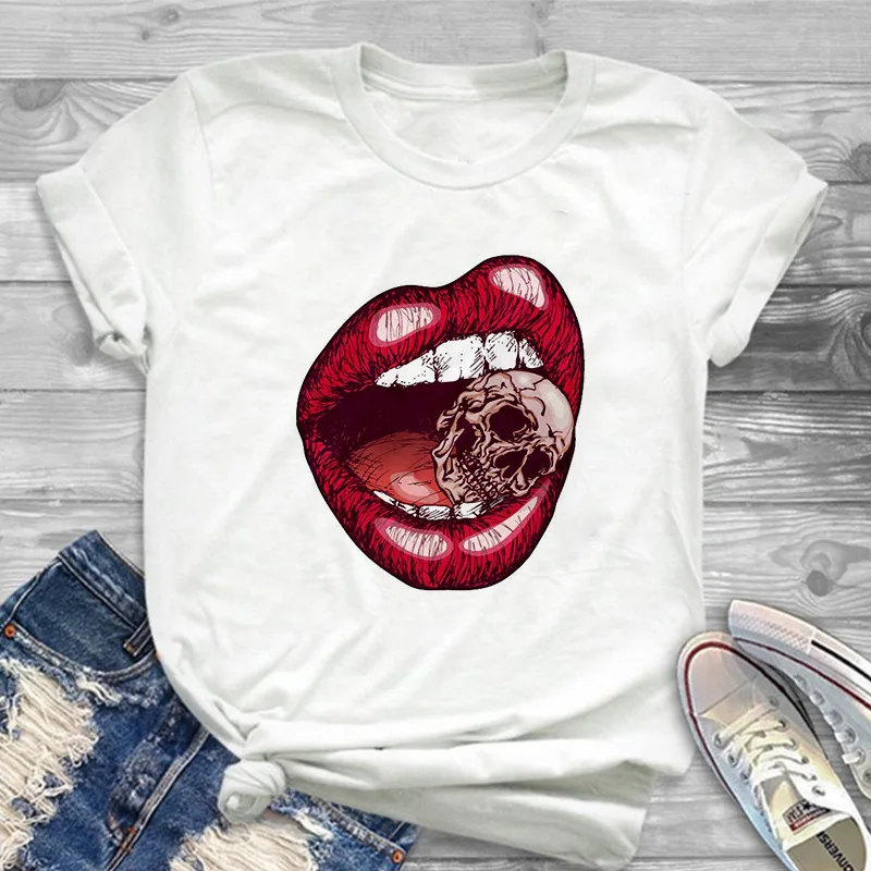 Women's T-shirts Tops Red Mouth Lip And Skull Printing T shirts Fashion Short Sleeve Tshirt Female Harajuku White Tee clothing