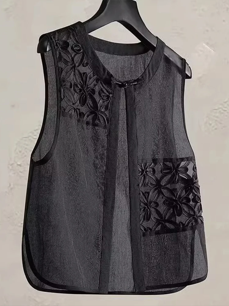 

Новый китайский кружевной жилет с цветочным принтом, женский летний легкий топ на пуговицах, круглая тонкая верхняя одежда, майка