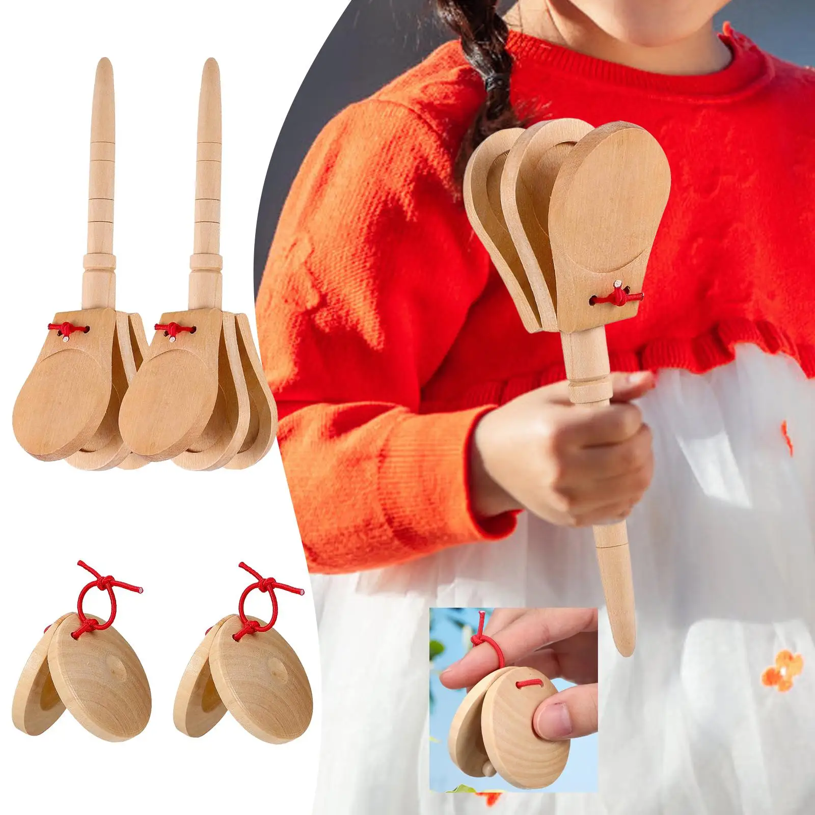 

4x Wooden Percussion Instrument Wooden Castanets Development Toys Education Toy Rhythm Finger Castanets Set for Party