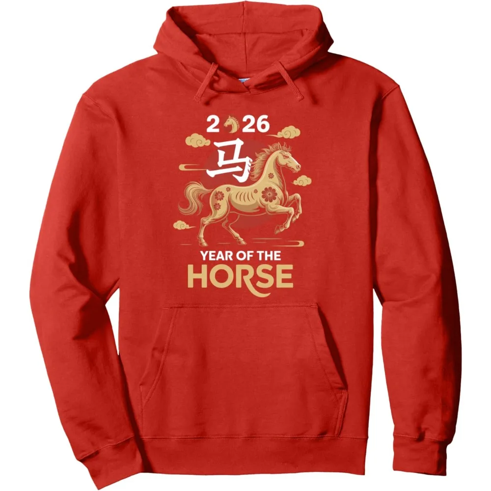 Year of The Horse 2026 Decoration Chinese New Year Men Women Pullover Retro Pattern Printed Hoodie Family New Year Gift