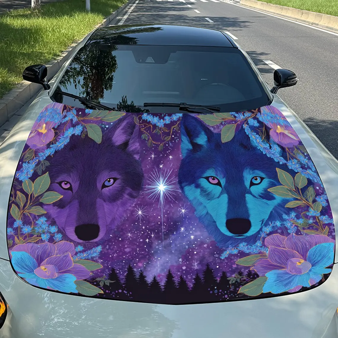 

Two Wolf Heads with Floral Pattern car hood stickers, waterproof self-adhesive, scratch resistant, easy to stick, durable car PV