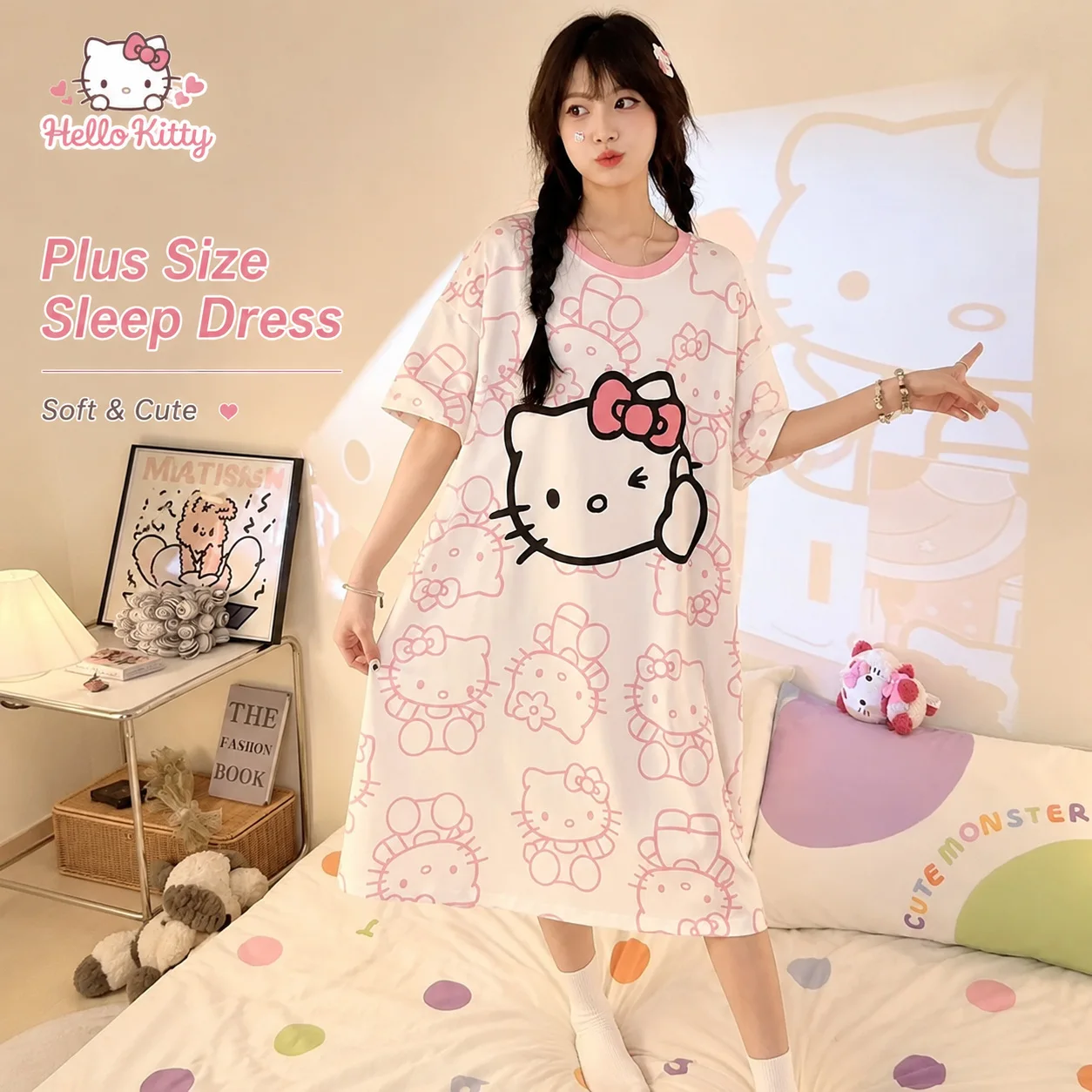 

Lightweight Plus Size Hello Kitty Sleep Dress For Women Large Loose Cartoon Print Pajamas Soft Comfy Summer Loungewear