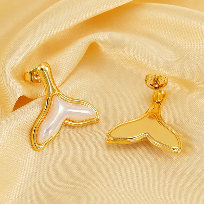 أقراط مرصعة بنمط الحوت المحيط البسيط للنساء ، فولاذ مقاوم للصدأ 316L ، مجوهرات راقية ، لآلئ راتنج مدمجة ، موضة جديدة ، #6