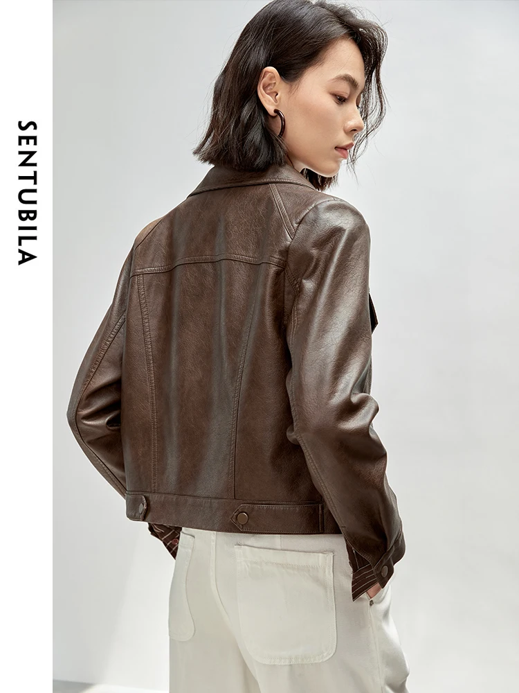 SENTUBILA Women Vintage Faux Leather Cropped Jackets 2024 Autumn Casual Turn Down Collar Long Sleeve Retro Outerwear W43G56294