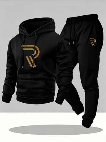 2026 Hot Sale Men 2‑Piece Tracksuit, Golden R Graphic Print Hooded Sweatshirt & Drawstring Sweatpants, Casual Streetwear Sport
