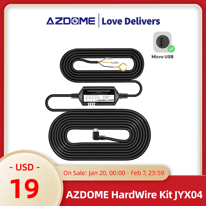 AZDOME Micro USB Port JYX04 HardWire Kit For Car DVR Dash Cam Low Vol Protection ACC Power Cable 12V-24V in 5V3A Out