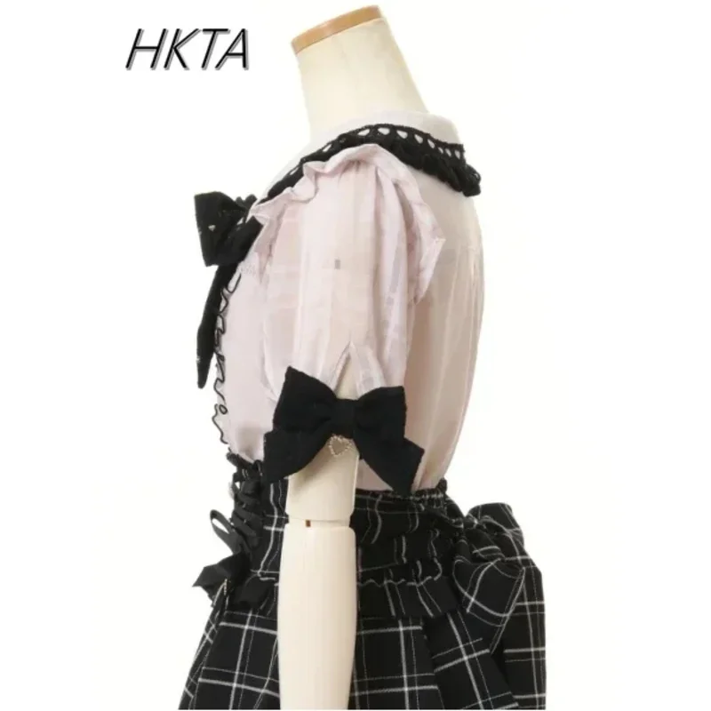 DY20로지타 스타일 레이스 보우 인형 칼라 로리타 셔츠 여름 패션 여성용 탑 스윗 라인스톤 보우 슬림 반팔 블라우스