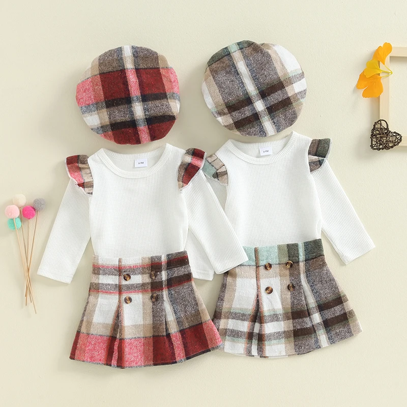 

3Pcs Baby Girl Fall Outfit Long Sleeve Romper with Plaid Print Button A-Line Skirt and Beret Set