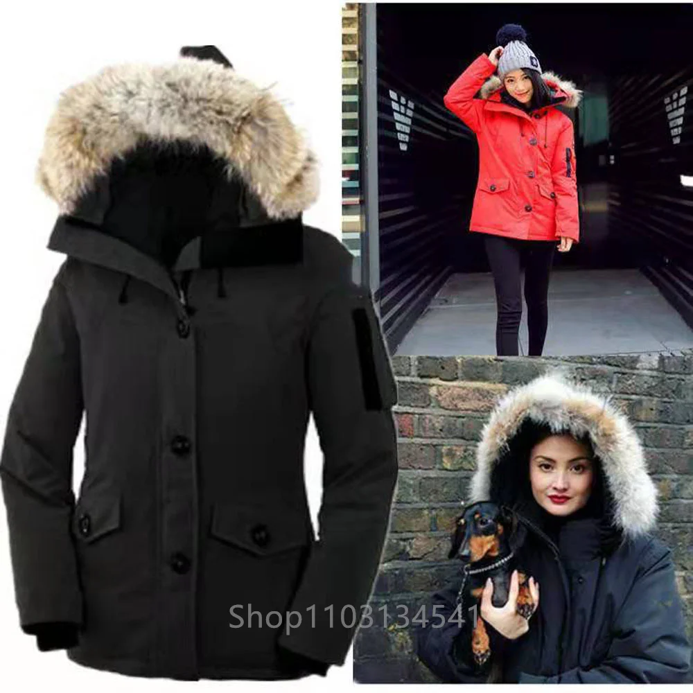 Real Coyote Fur Winter Womens Canadian CG Montebellos Parka Goose Down Jackets Outwear Coat Windproof Pockets Button Style