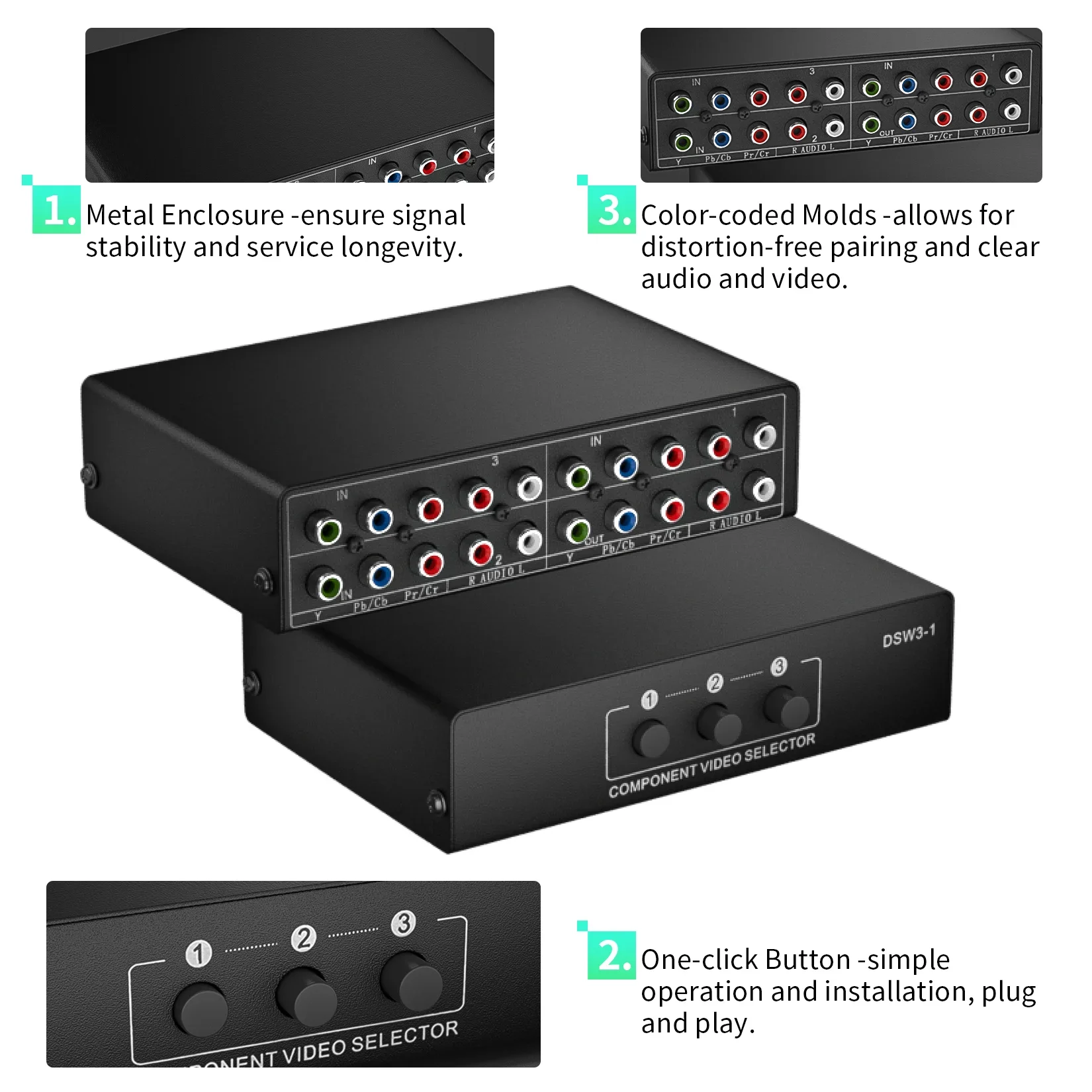 3 in 1 Out Component AV Video Switch Box, Composite 3 RCA AV Switcher AV Splitter Ypbpr per monitor per PS2 PS3 PS4