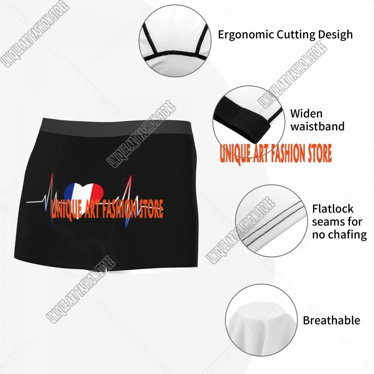 Sous-vêtements français Heartbeat personnalisés pour hommes, caleçons respirants, culottes, caleçons doux