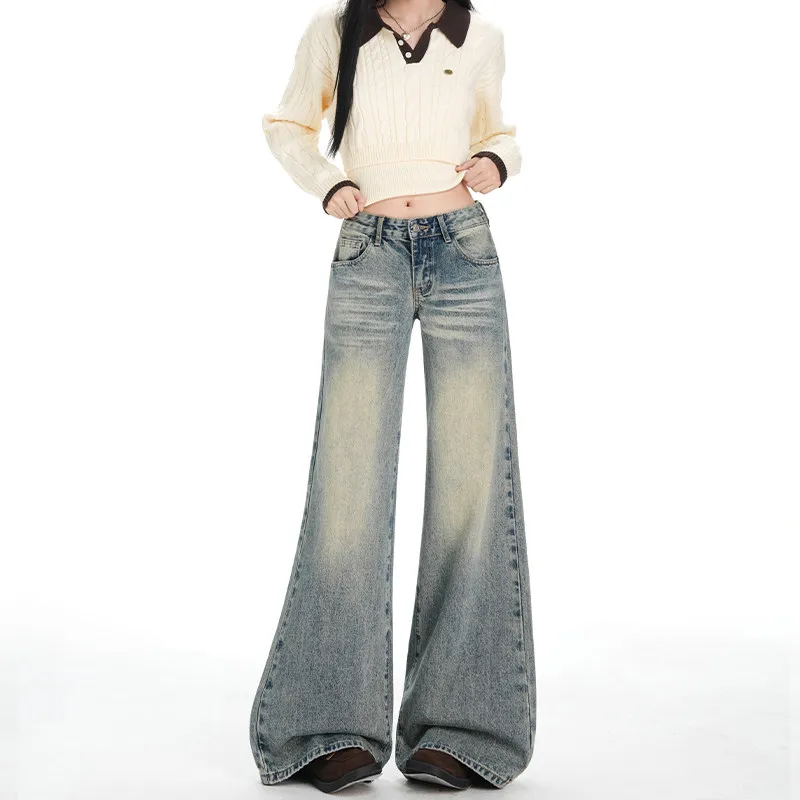 Retro American Low Waist Wide Leg Jeans Women Loose BF Lazy Style Small Size Versatile Straight Tube Pants Cotton Stretch Denim