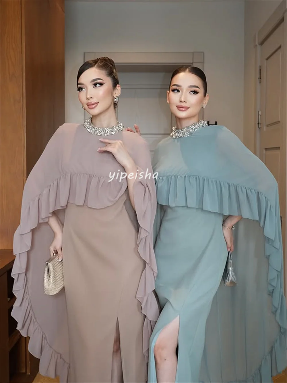 Abiti da cerimonia personalizzati di alta qualità alla moda con perline e pieghe, collo alto dritto, alla caviglia, abiti da cerimonia su misura classici