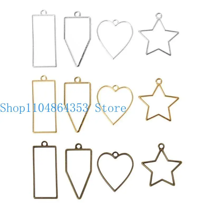 

652F Bronze Silver Geometric Ring Hollow Tray Pressed Flowers Pendant Metal DIY Frame Bezel Love UV Resin Jewelry Making