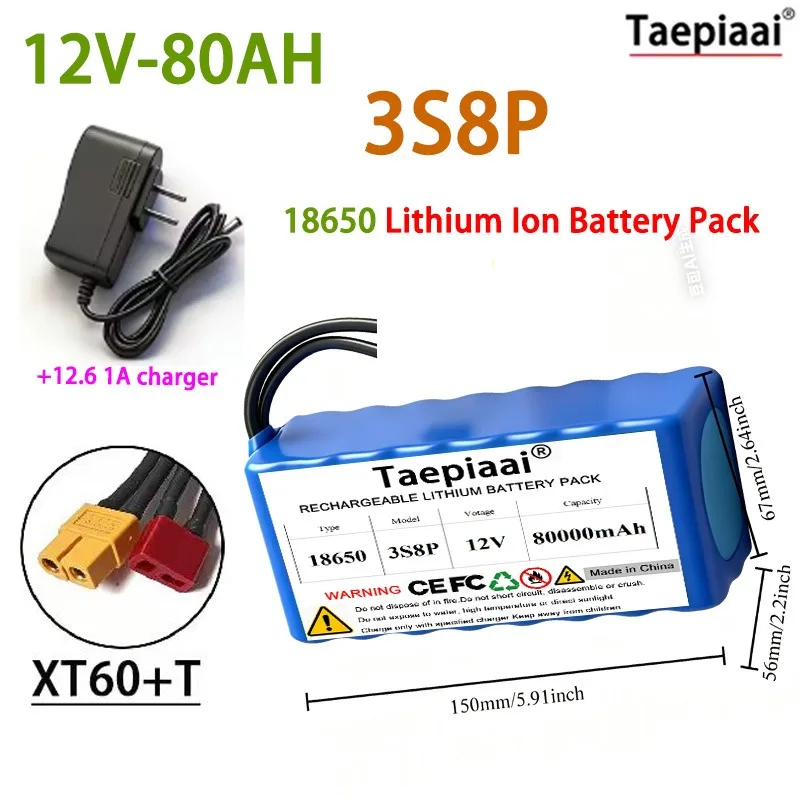 DIY 3S8P 12V Battery Pack 80AH 18650 Lithium Rechargeable Battery Super Large Capacity With 12.6V Charger For Camera Tool Toy