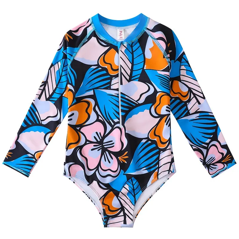 2024 European and American Girl\'s Swimsuit Ins Children\'s Long-Sleeved One-Piece Swimsuit Girls Middle and Big Children Beach