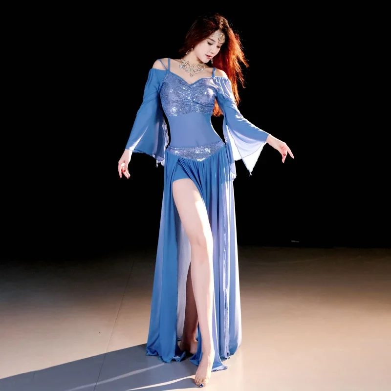 여성용 BellyDance 정장 오리엔탈 댄스 스팽글 긴팔 탑 + 섹시한 스플릿 롱 스커트 2pcs 성인 전문 연습복