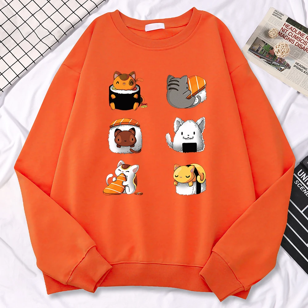 Casual Street Women Sweatshirt Various Types Of Cat Sushi Printing Hoodies Fleece All-Math Pullover Warm Loose Female Clothes