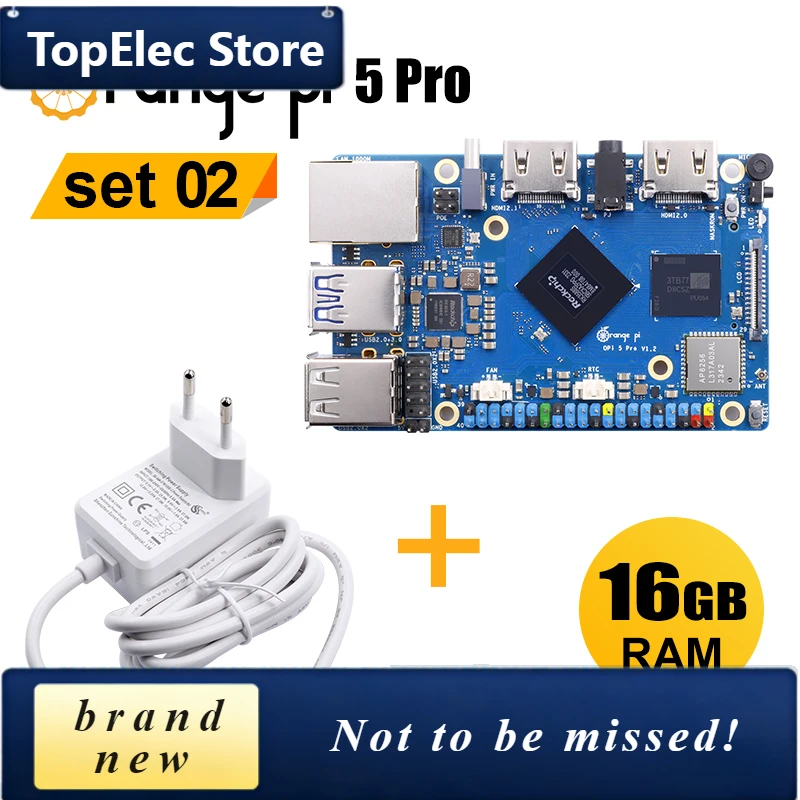 TopElec Orange Pi 5 Pro Single Board Computer With 5V5A Type-C Power Supply Set RK3588S 16GB RAM LPDDR5 Support Wi-Fi 5+BT5.0 Wi