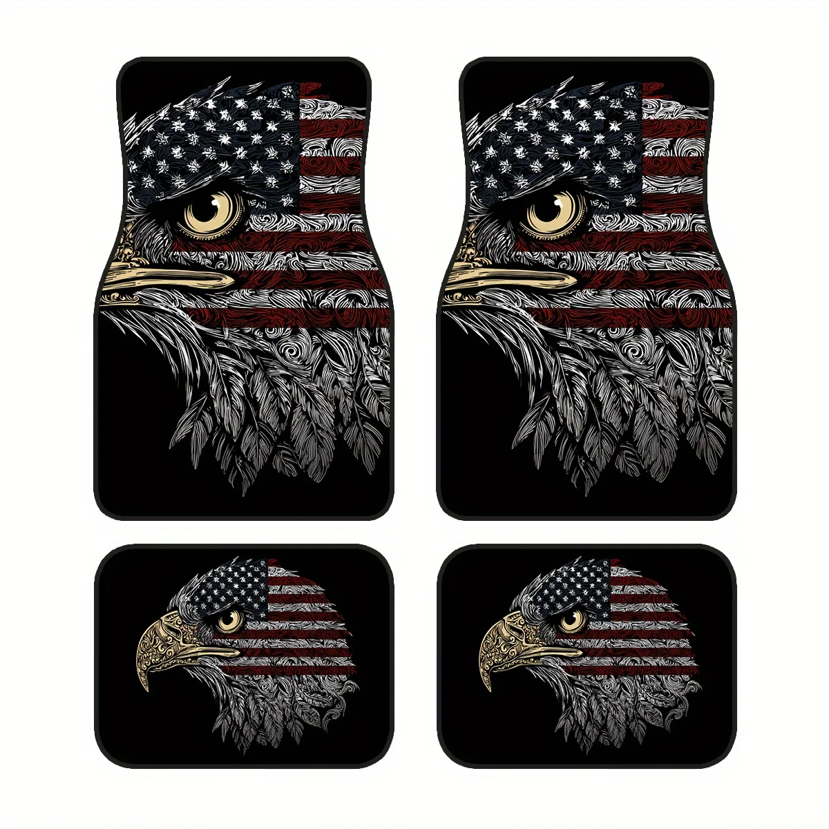 4pcs Non-Slip Car Floor Mats - American Flag Eagle Patriotic Design, Red, White & Blue Automotive Floor Liners - Heavy-Duty Poly